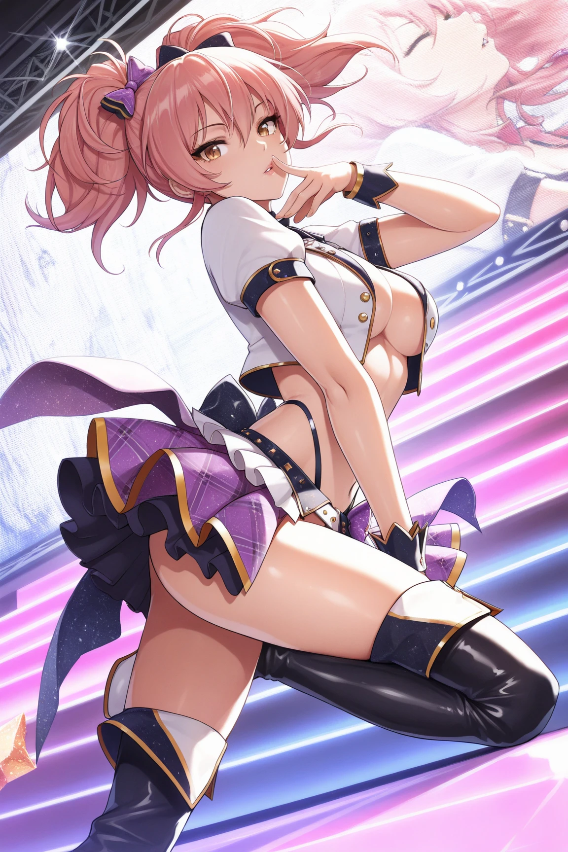 Himari Meimei, masterpiece, Voluptuous thighs, petit body, little young girl, flat chest, {1 Girl}, Cute and erotic smile, Highly detailed sparkling blue purple eyes, summer night, 困り眉, brilliant pink hair, lying on beach bed, completely nude, nsfw, spread legs wide, showing off childish pink vagina, dynamic angle