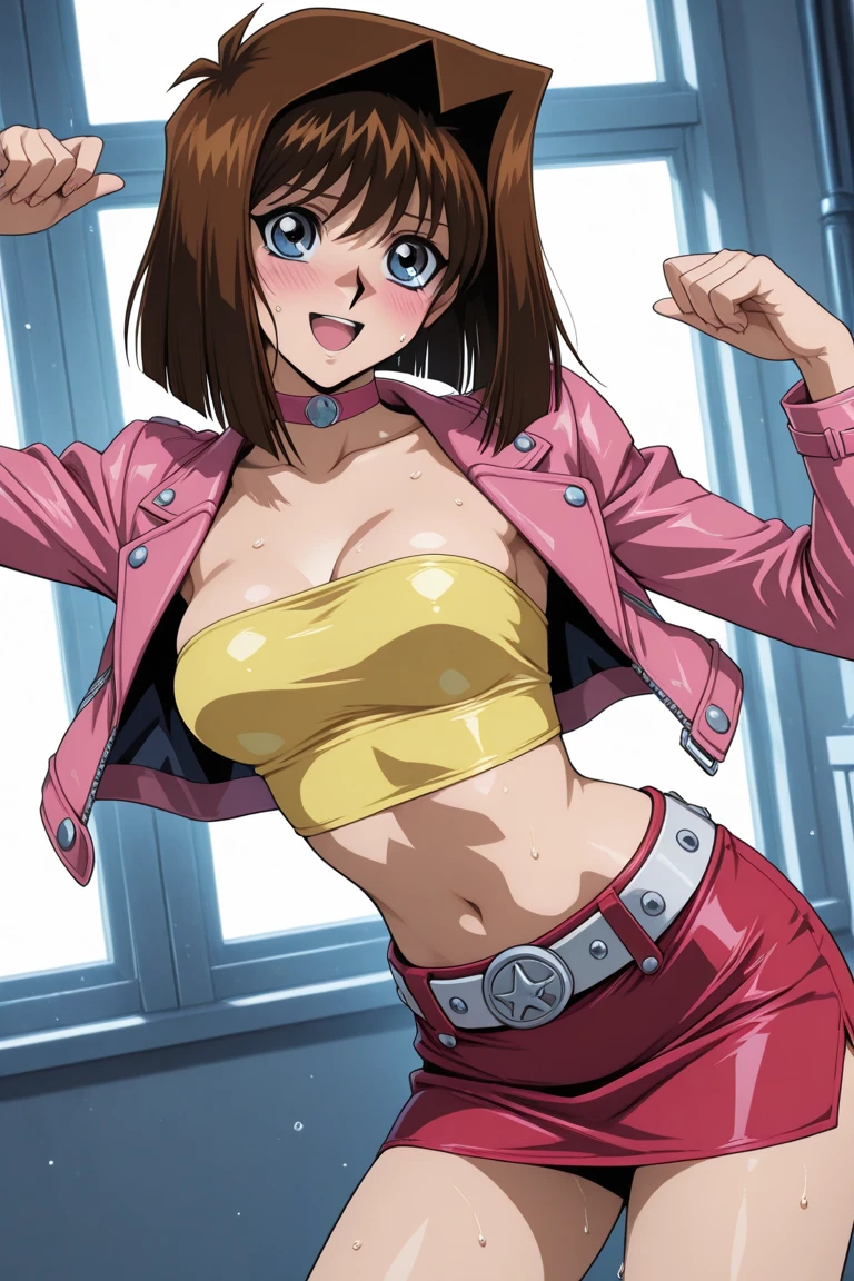((best quality)), ((highly detailed)), masterpiece, detailed face, beautiful face, (detailed eyes, deep eyes), (1girl), smug look, NeoRWBY, heterochromia, brown eyes, pink eyes, multicolored hair, brown hair, pink hair, short hair, smug, smirk, large breasts, cleavage, cowboy shot, bustier, booty shorts, curvy hips, thigh gap