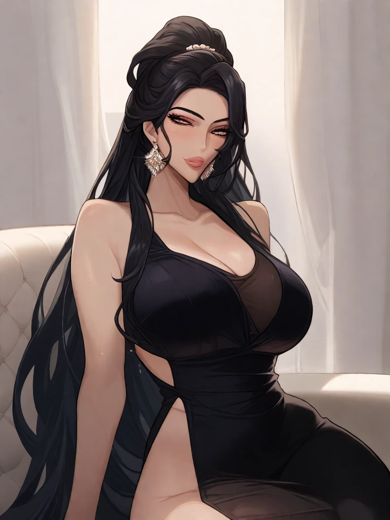 Hot sexy beautiful milf ,big breasts, glossy lipstick,silky black hair, silver jhumka earrings,makeup, black strapless tight dress,blush,hair ponytail , smiling, necklace 