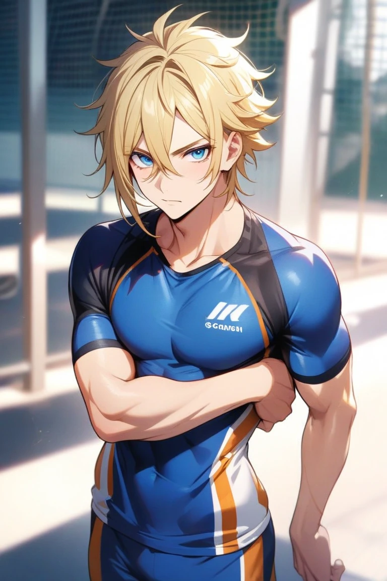 Cartoon image of a man in a swimsuit with a big smile, short blonde boy, Golden eyed boy, Wearing a swimsuit, clothing:High cut swimsuit, solo, Wear a swimsuit, A cool anime character wearing a black tank suit with yellow lines, Black high leg racing swimsuit with yellow lines, Full Body:: Sunny weather::, One piece swimsuit, Swimsuit, Wet swimsuit, High legレーシングスイムウェア, sunny day, High leg, Ecchi anime style, Bare shoulders, bare legs, Toned body, Perfect body, tall, in a female competiton swim suit, Swimming Suits for Competitions, Black swimsuit with yellow lines, (male body:1.5), (male face:1.5),