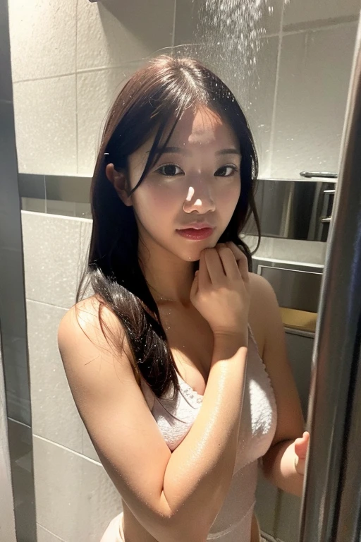 beautiful 22 year old Asian girl in the bathroom, wet body, upper body photo