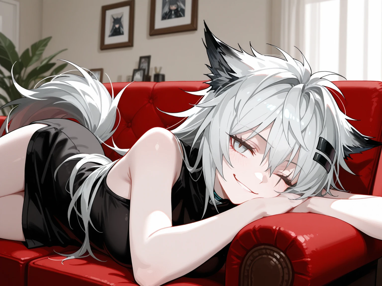 teens girl,one-girl,White hair,long whitr hair,cat ear,Cat tail,Lie down,expressiveless,Be red in the face,Beth,Lolita prostitute,pleatedskirt,red color eyes,On the sofa