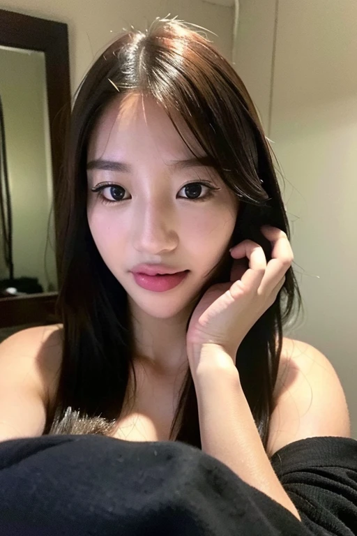 (best quality,8k,highres,masterpiece:1.2), realistic, photorealistic:1.37, UHD, studio lighting, sharp focus, extreme detail description, professional, vivid colors, bokeh, portraits, extremely detailed face texture, beautiful detailed eyes, beautiful detailed lips, extremely detailed hair, youthful appearance, erotica, cleavage, big round breast, indonesian face, symmetric eyes, seducing smile,