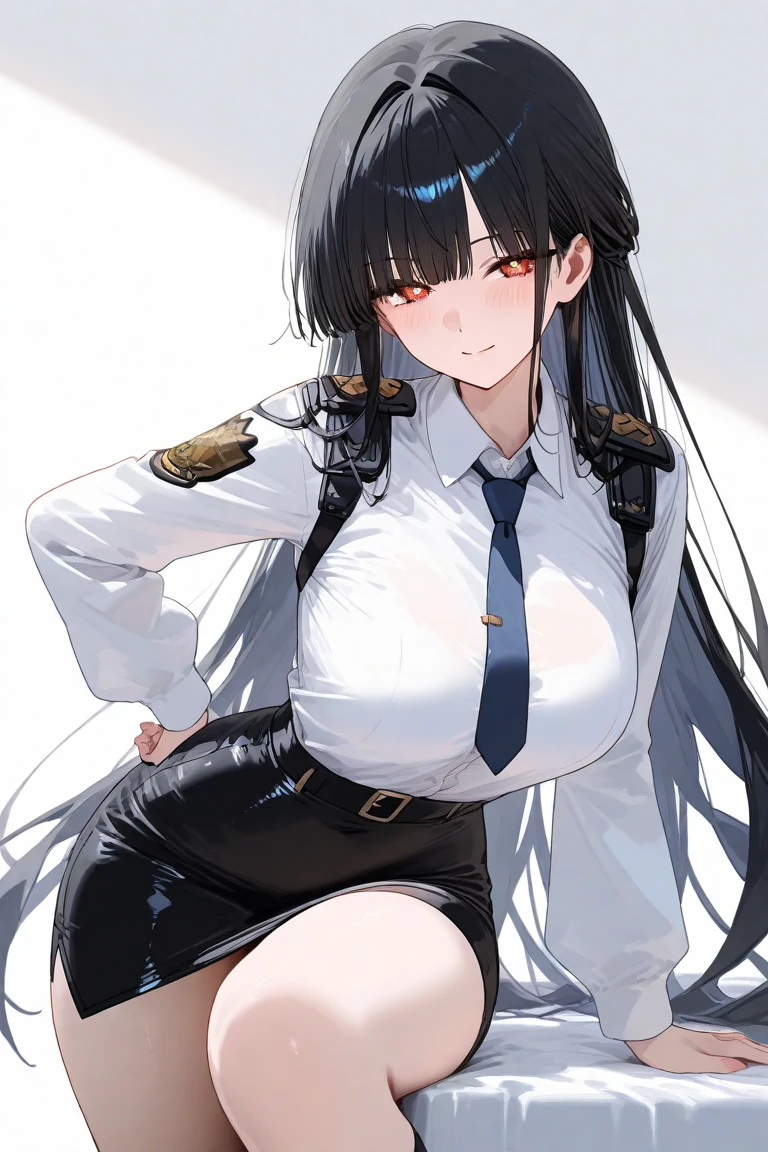 masterpiece,anime style,chibi,sexy girl,black hair,shoulder length hair with two pigtails,police costume,serious face,big breasts,waiting on the right side of the image,full body,standing alone,pointing at someone,