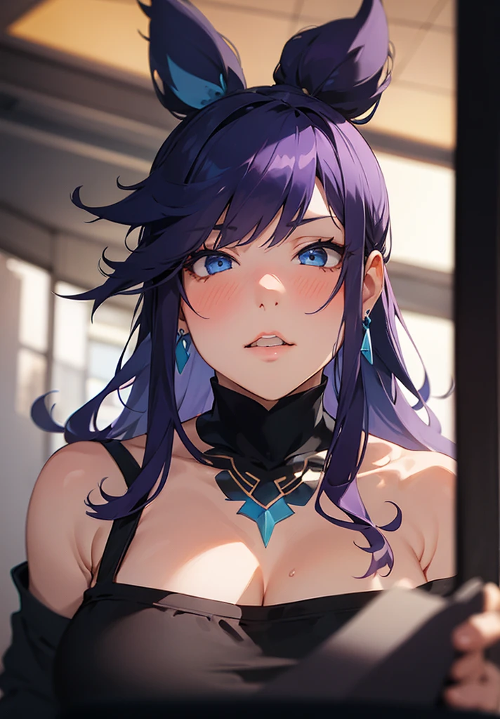 purple hair, curly hair, long hair, big hair, expressive hair, longeyelashes, earrings, high quality, best quality, high details, Aristocratic women, exposed chest, neck scarf, intricate ornaments, towards the camera, tight dress, The lines of the body stand out, mature adult woman, looking at me, glowing skin, hair swaying in the wind