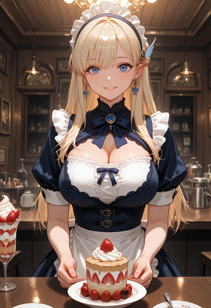tmasterpiece, The very detailed, (Chibi:1.3), , (1个Giant Breast Girl), Blonde hair, pastelcolor, comfortable atmosphere, Dessert display case, macaron, Cupcakes, pastie, Cupcakes, coffee machines, Blackboard menu, natural lightting, Glass jars filled with candy, Frosted window glass, Decorative panels, Whimsical decoration, Sugar carving, Colossal tits,humongous large breast,