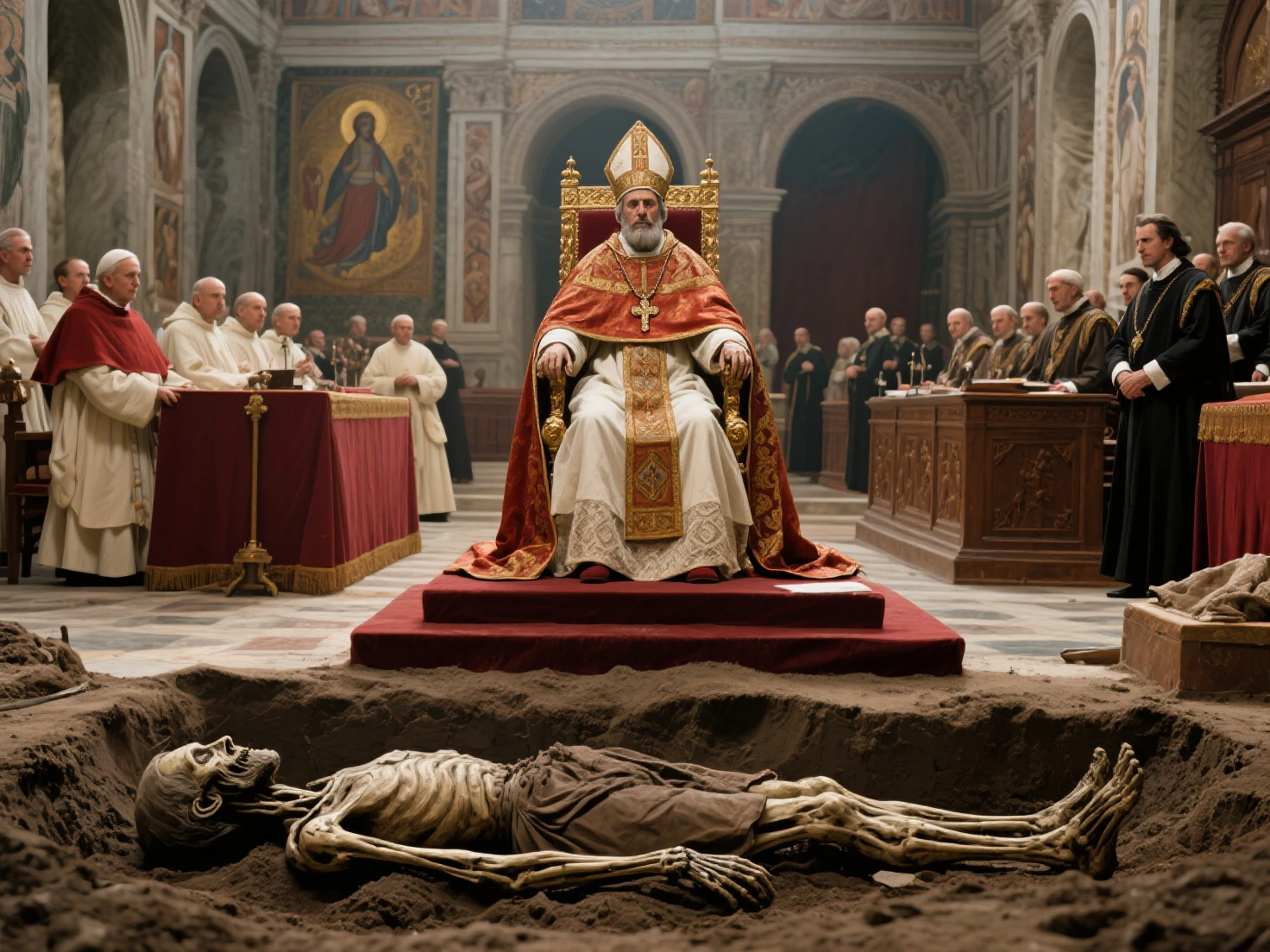 Bloody rats devour the entrails of a bishop&#39;s body in a dark room of an abandoned house filled with fire-scorched crosses and decaying human bones. The walls of the room have religious tapestries in poor condition and damp.. At the entrance a skull with a black snake around it and an anti-Christian symbol. Thick fog fills the torch-lit room