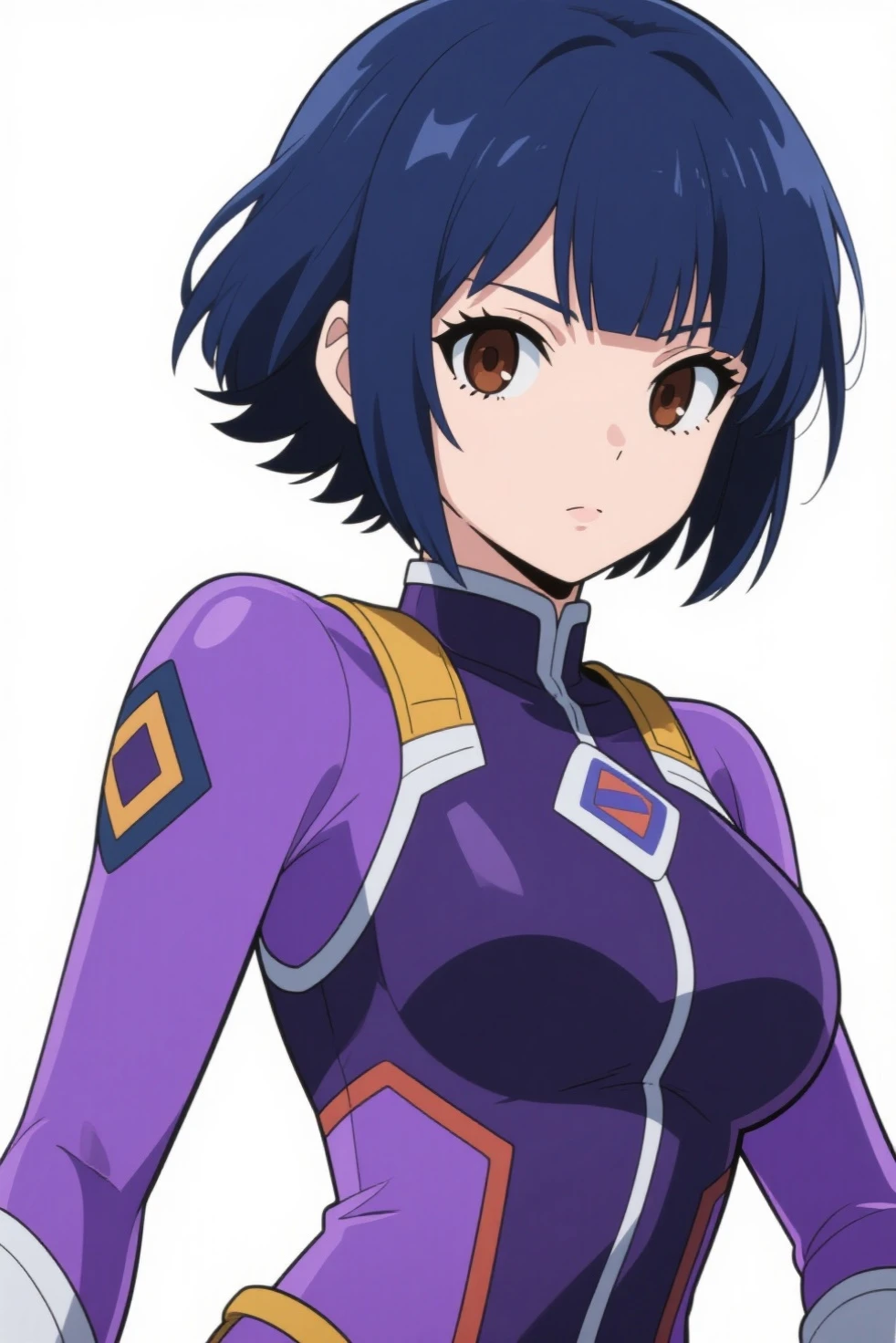 girl, sleeveless jacket, bare shoulders, (((short hair))),blue skirt, (((((purple hair))))), yellow eyes,crossed arms,tsundere,thighs, cowboy, (((messy hair))),ahoge,blue boots,fingerless gloves, blush,blunt bangs, pantyhose