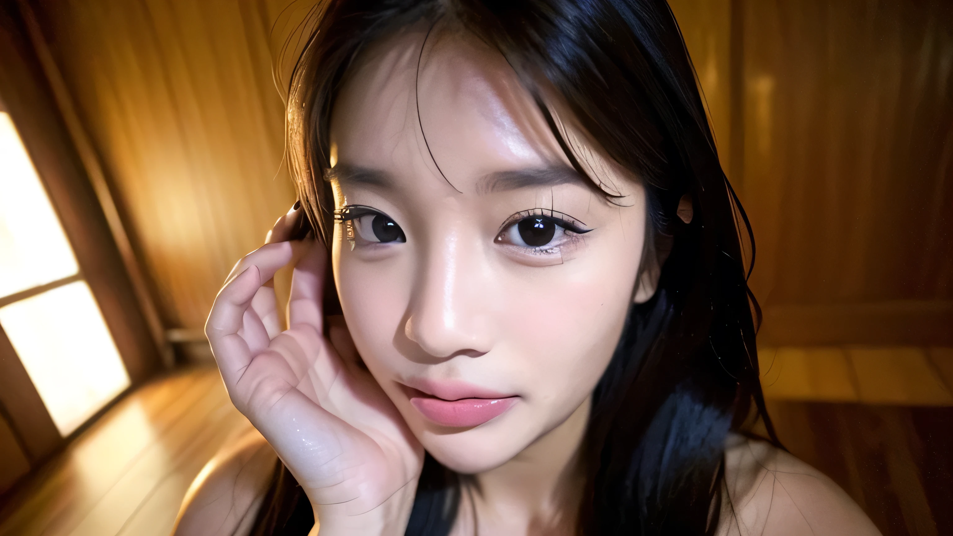 masterpiece, highest quality, Super detailed, Film Photography, Very delicate and beautiful ,High resolution, 1 girl, Age 25, beautiful girl , Japanese Girls, Large Breasts,Close-up face,((No makeup)), ((Night room))、((Pitch-dark room)), ((look up:1.2 )), (A face waiting for a kiss:1.6), (Half closed eyes:1.0), (Sticking out tongue:1.0), (Open your mouth:0.8) ,(View Viewer:1.6), From above, breast focus, camisole,Embarrassed face,Excited, ((Fuller lips),,(Natural Skin), (Wavy Hair),(short hair), (Fine grain),(Detailed facial features), (Detailed Weapons),(Detailed fingers),(Detailed feet),Soft Focus, Moonlight,Selfie