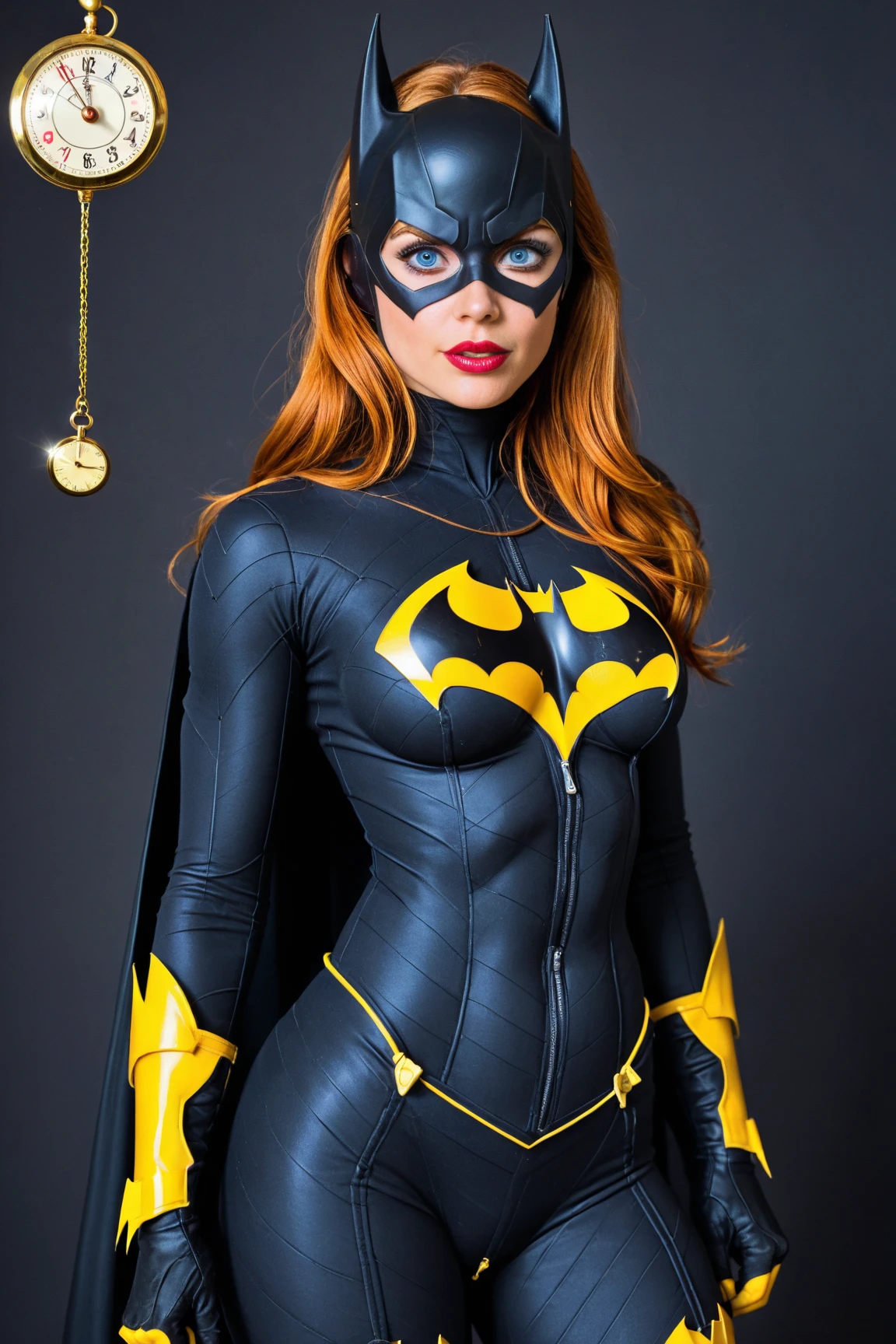 Buxom red haired white woman wearing a bright yellow bat mask, yellow cape, and yellow gloves, and yellow boots. Her costume is light blue. She has gigantic tits. She is standing in the Batcave