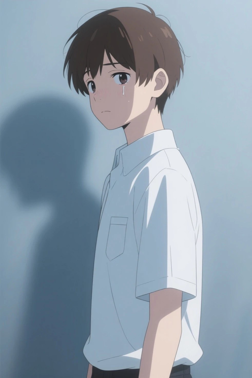 draw shinji ikari, from evangelion from behindr, in the anime film,, today's featured anime still, still from tv anime, anime movie screenshot, in a anime masterpiece, kentaro miura! butt naked
