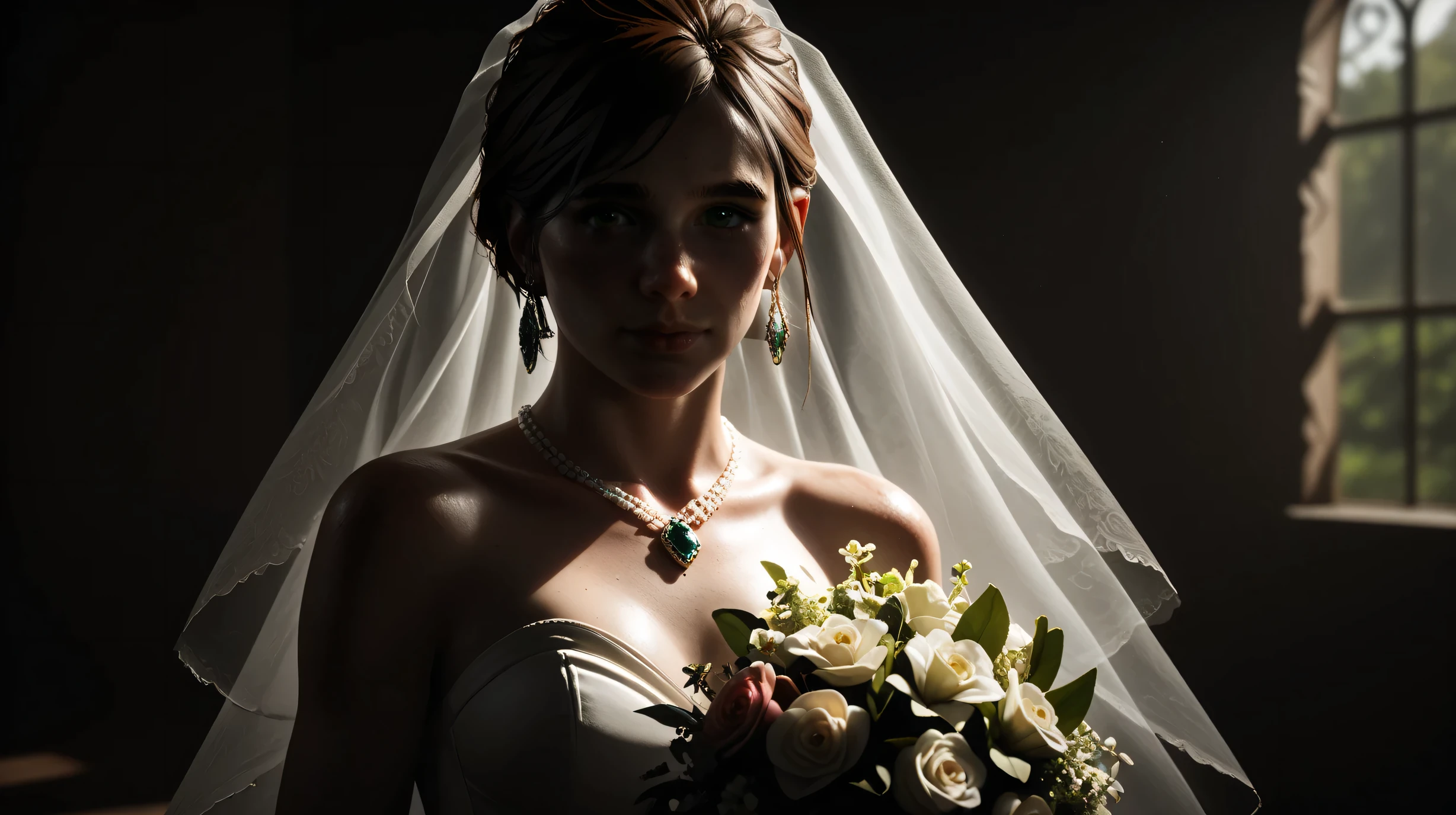 score_9, score_8_up, score_7_up, score_6_up, TLOU2Ellie, 1girl, brown hair, green eyes, photography, portrait, beautiful bride, jewelry, earrings, ornamented wedding gloves, expinsive ornamented long wedding_dress, expensive gorgeous ornamented, elegantly posing, wedding arch, beautiful flower garden on backround, cowboy shot, holds a bouquet, light smile