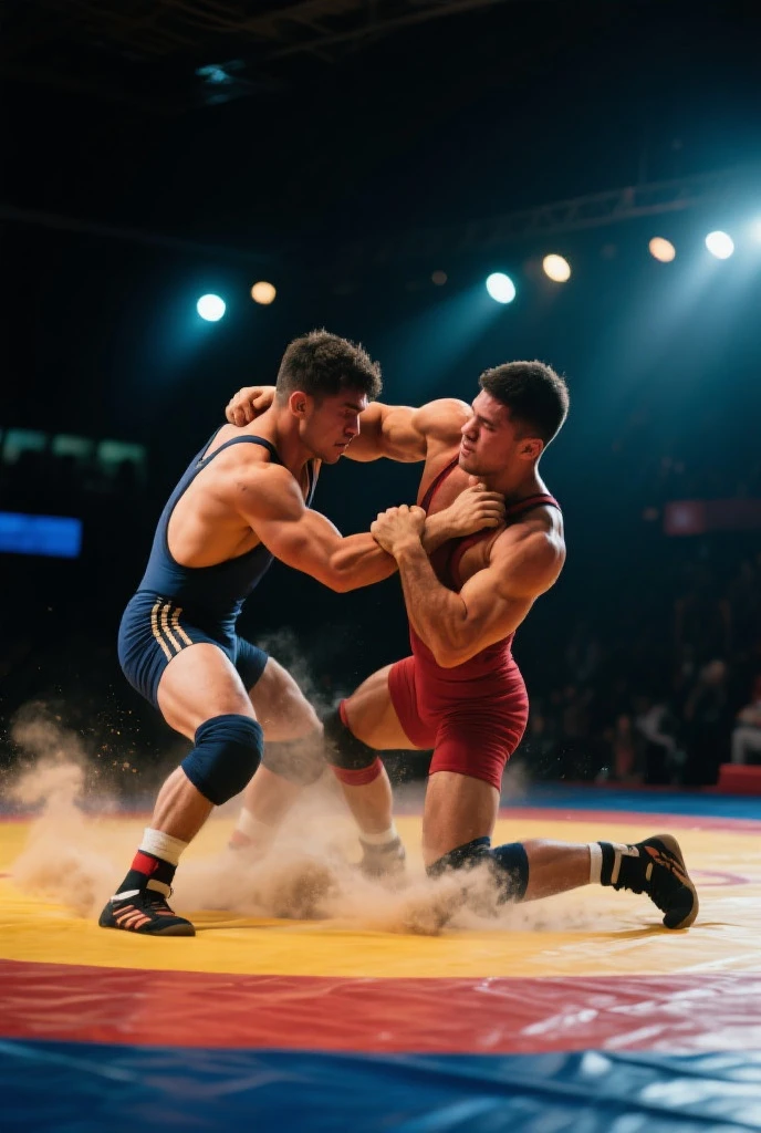 A fight between a fat European wrestler and a handsome muscular attractive 30-year old white European male gymnast with spiky hair. The wrestler is seen choke-holding the gymnast. the arena is seen in our background. All faces are facing the camera. The wrestler is behind the gymnast . All nude