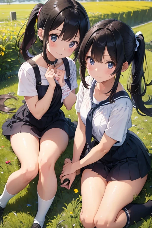 Lewdな女学生、((幼いGirlの自慰))、field、garden、grass((NSfW Vibrator Inserted and Vibrated))、Ahegao、pleasure、Climax、Agony、Lewd、Ecstatic expression、童顔で幼いGirl、((Love juices are dripping down her thighs、No pussy juice々leak))バイブの刺激にAgonyしClimax、Drunken eyes、((A young with a baby face、Lower grades of elementary ))Long twin tails、Blue ribbon、Brown Hair、Soft Hair、Elementary school girl