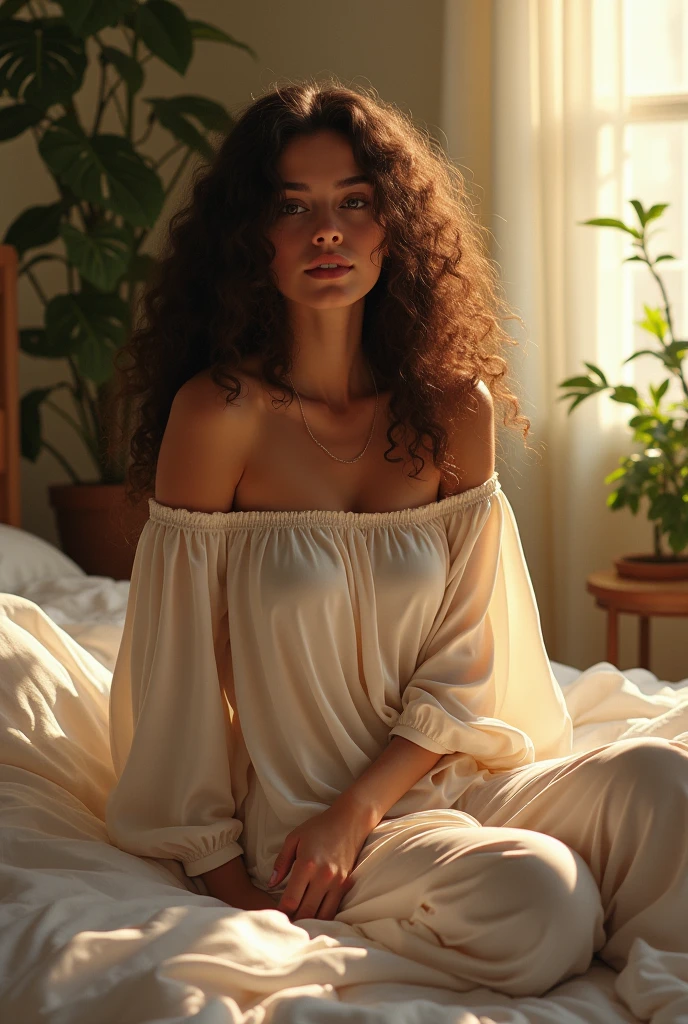 (photorealism:1.2), beautiful woman, sitting on bed, wearing loose off-shoulder top, pajama pants, long curly hair, indoors, soft lighting, plants in background, window with sunlight, cozy room, relaxed pose, realistic, intricate details, warm colors, by Greg Rutkowski, by Alphonse Mucha