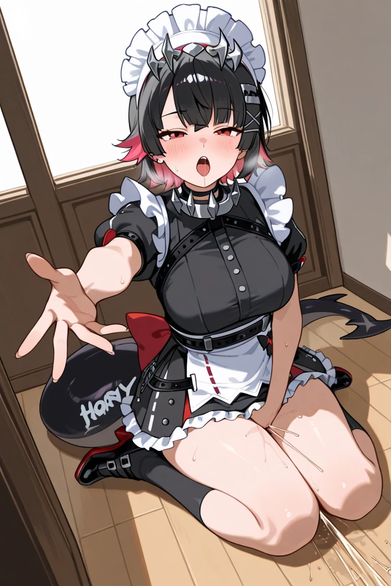 Marnie (Pokemon), pokemon, Monster girl quest, pink striped dress, black apron, black gloves, palentine marnie, seductive mature smile, smug, (half open eyes), blush, 1boy, 1girl, larger female, large female, front view, (pov), forest background, ((handjob)), rubbing penis, penis in hand, foreskin, retracted foreskin, cumming, looking at eachother, looking at boy, scared boy, fearful boy, (squeezing penis), penis between hands, squeezing penis, pulling down foreskin, (large breasts), (female on knees), boy being held up by larger female, pinning down boy, (low angle), (((health bar))), ((damage numbers)), ((damage indicators)), (inserting finger in penis), finger under foreskin, (phimosis), tight handjob, masterpiece, score_above:9