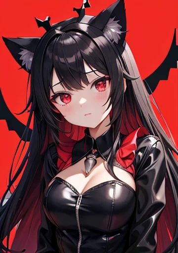fullbody, 1 girl, floating sitting pose, pale skin, close up, face focus, ((red Devil horn,)) black hair, ((blunt bangs, straight bangs)), ((super long hair)), ((hime cut)), ((straight hair)), (((Spiteful smile, smirk, fangs))), black goth tight sweater with boob window, red harness on chest, chest harness, belt on chest, black fingernails, cute red Devil wings on her back, with bandaids, adhesive bandages, cleavage_cutout, menhera