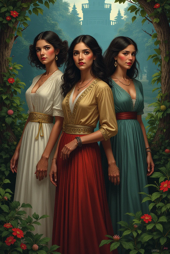 Painting of triple goddess Hecate s 3 form (maiden, mother, crone ) an ultrafine detailed painting, Artstation contest winner, fantasy art, fantasy game card, digital painting, spire, official photo