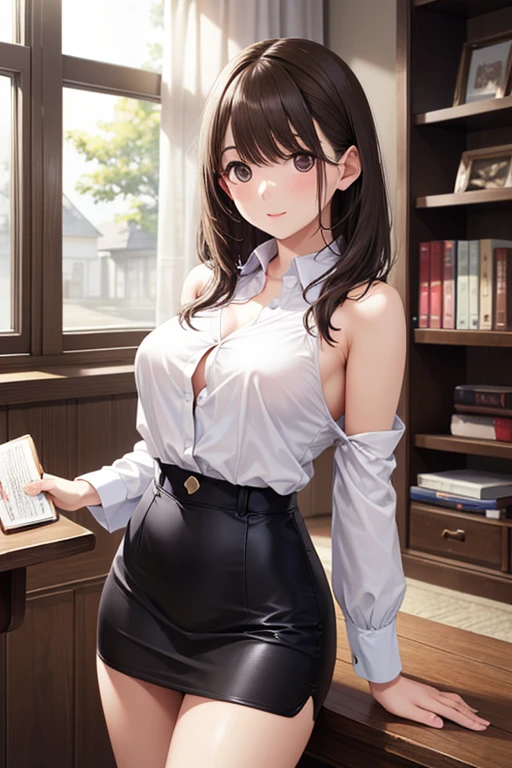 ((Highest quality)), ((masterpiece)), (detailed), woman,Age 20,student,student服,uniform,(White shirt),(Navy Blue Skirt),(Open the front of your shirt),(mini skirt),Glasses,Big Breasts,blush,Underbust,(Her cleavage is visible),(Excited expression),(Seduce),night,indoor,What&#39;s left behind,nightのWhat&#39;s left behind,Dim lighting,(In a dimly lit room),(In a messy room),Browsing Caution,sexy,dirty,Sweat,(Black knee-high socks),(Lift your chest with both hands),(Sticking out tongue),(The mouth becomes white and dirty),Brown Hair