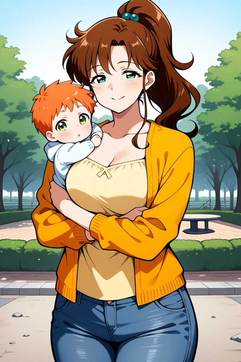 (anime coloring,masterpiece, best quality, absurdres, perfect antomy:1.2), 1woman,1baby,(holding baby:1.5),1woman,2little girls,1baby,portrait、perfect quality, good quality, masterpiece, HDR, uhd,(fukawa_Miku, green eyes, orange hair, long hair,hair down,aged up,mature female:1.4),gigantic breasts,house,、(Casual wear、shirt、Jeans I:1.4)、sunny day、smile,(cowboy shot)
