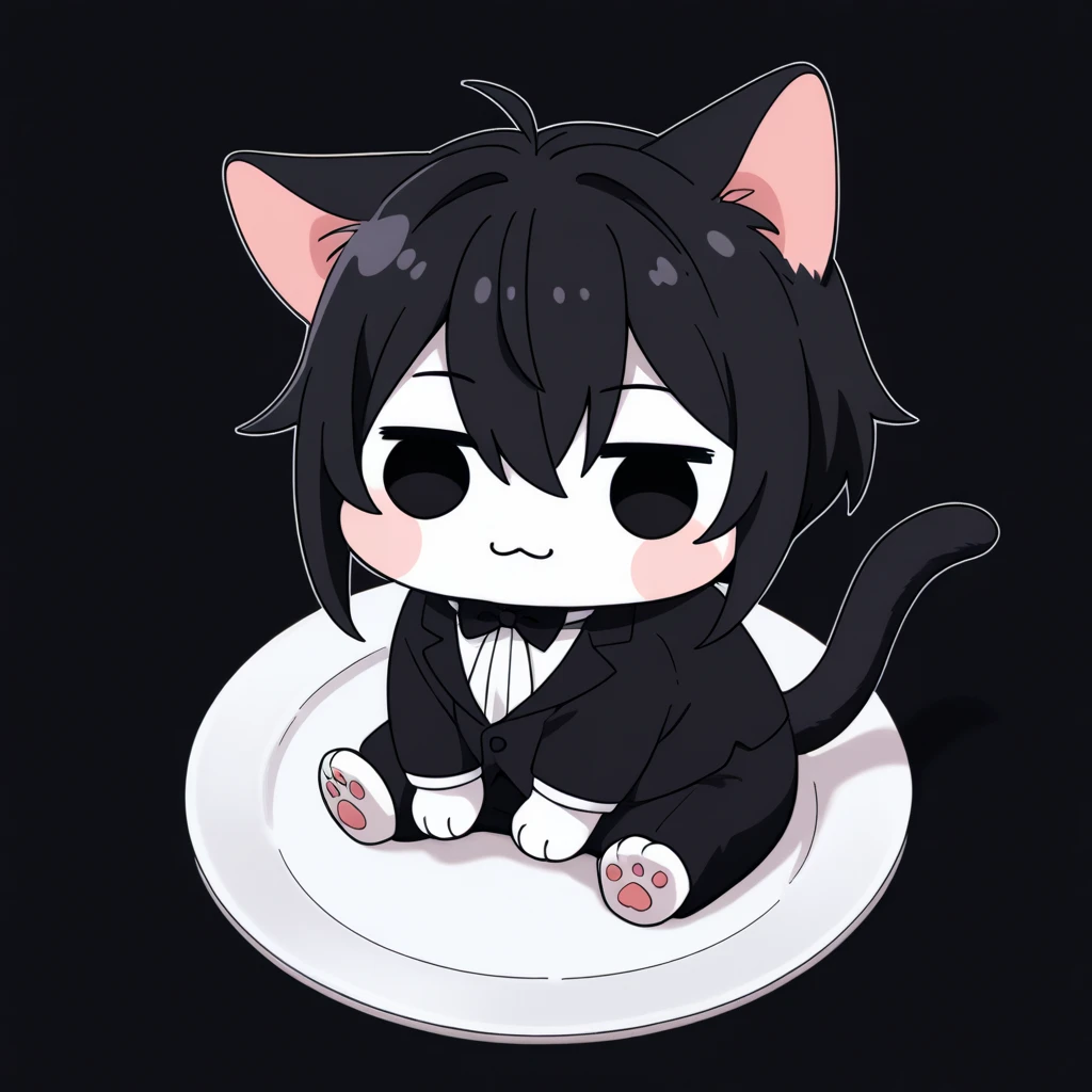 anime cat sitting on a black and white plate with a black background, anime cat, anime visual of a cute cat, sora as a cat, anime catboy, cute anime catboy, realistic anime cat, tuxedo cat, nekomimi, beautiful anime catboy, anthropomorphic male cat, very beautiful anime cat boy, catboy, cat furrydoro, creature, :3, chibino humans, white skin, solid circle eyes, no pupils, four legs