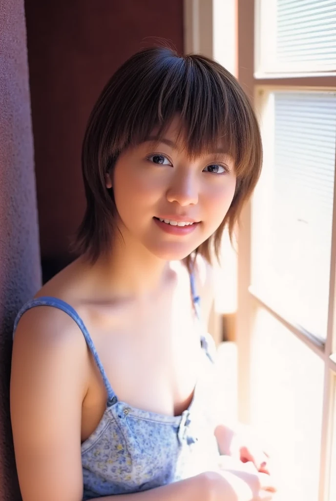 (8K, RAW Photos, Highest quality, masterpiece: 1.4), (Realistic, photoRealistic: 1.4), Super detailed, Ultra-high resolution, One Girl, Beholder, Beautifully detailed face, smile, (Slim waist: 1.0), Beautifully detailed skin, Skin Texture, Floating Hair, Professional Lighting, Middle Chest, Kind eyes,(small breasts:1.5), (beautiful nipples:1.9),(undressing:1.9), (:1.0), (law panty:1.5), (wet dark green bikini and vest:1.26),(Feather Cut:1.0), (petite:1.0),(upper body:1.0)