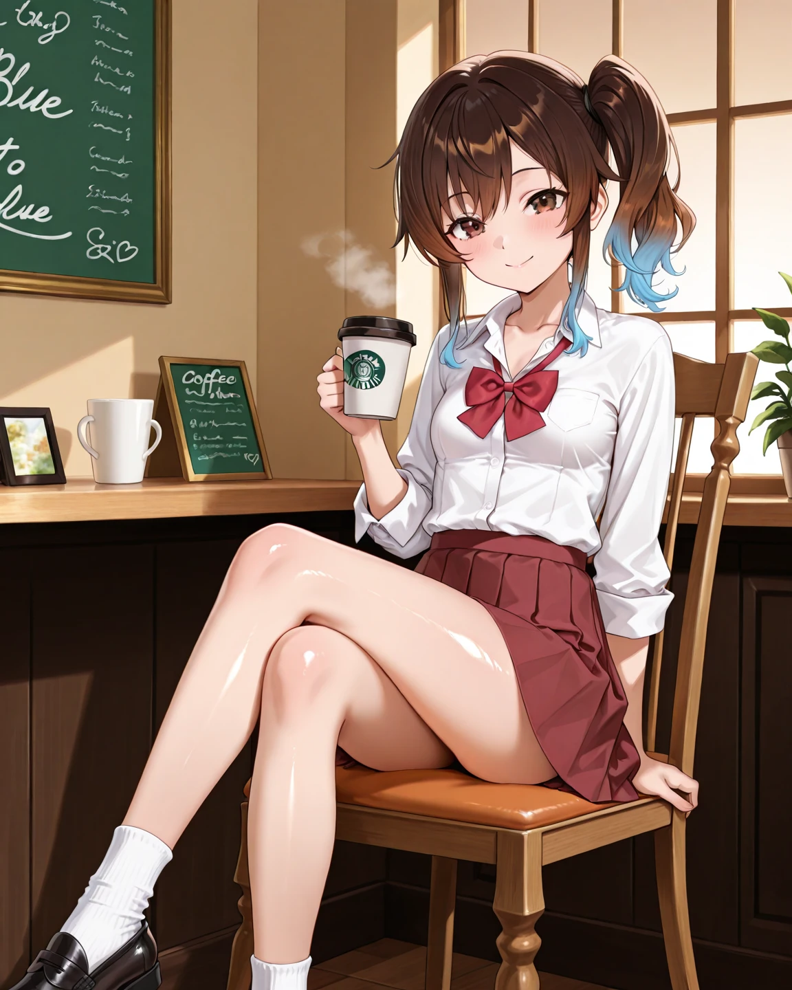 1, only, Lizard, (new:1.4) smile, (Blushing:1.2), sitting at a table in the library, No underwear, (No underwear), Leg spread, rear, Provocative, Very sexy, insinewnte, Table Rest, Coastal, Energetic ass, Openvend, Off-duty clothes, Crossed legs, Tea on the table, Browsing Caution