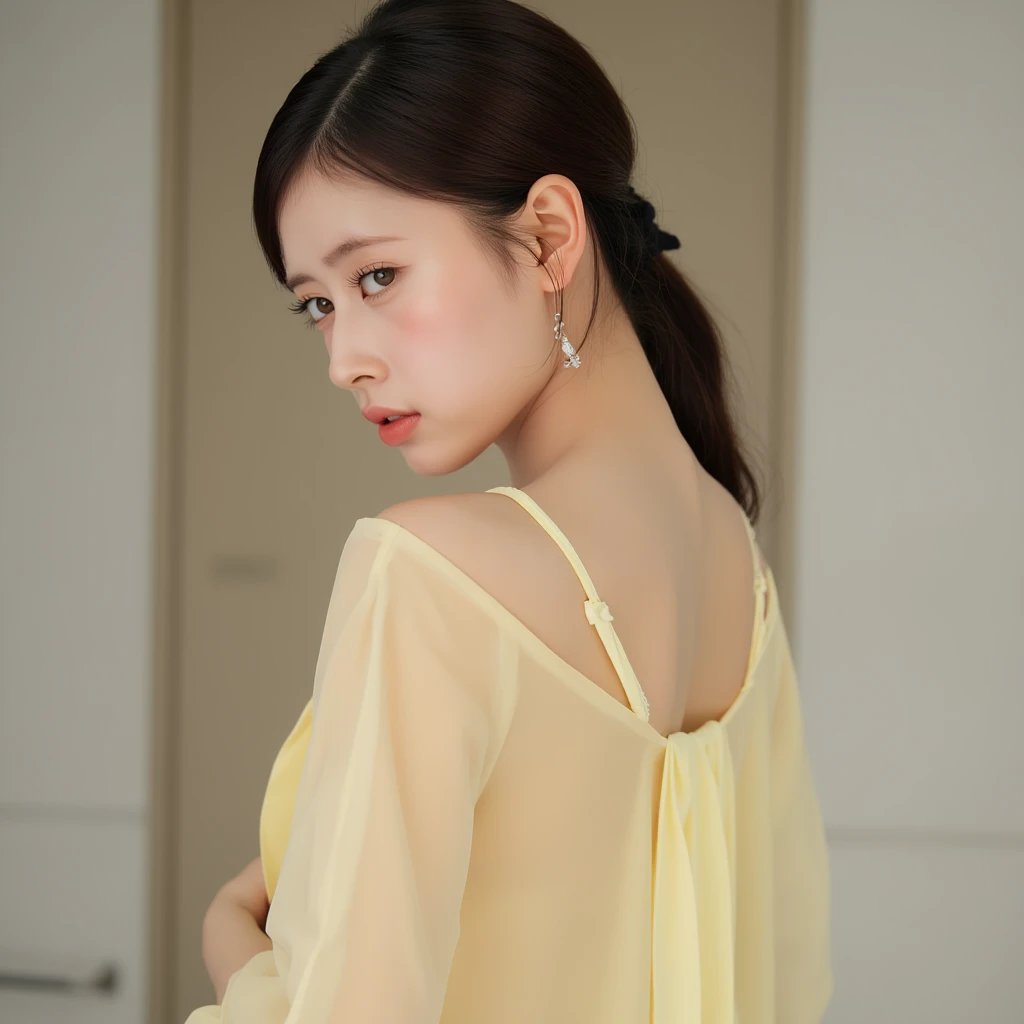 of the highest quality, One beautiful woman, Wearing yellow lace lingerie, Cowboy Shot, (White background: 1.3), Colossal tits, on the beds