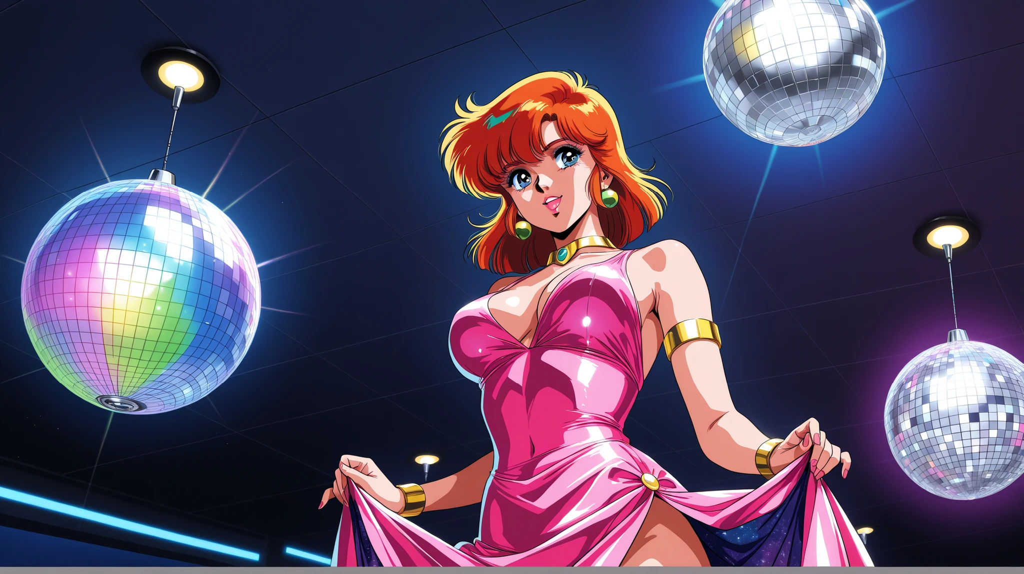 early 2000s style, highly detailed anime illustration of a (mature sexy woman singer on stage with a microphone), perfect face, embarrassed expression, wearing flashy erotic clothing that accidentally exposes her breasts, spotlight on her, in a concert hall, with a crowd of people watching, dynamic angle, action, erotic