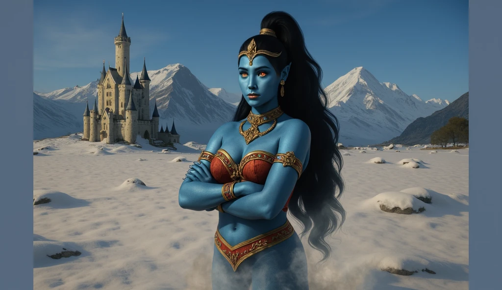 a young woman as goddess shiva, tight costume, lavishly decorated temple, sexy pose, blue skin, cameltoe
