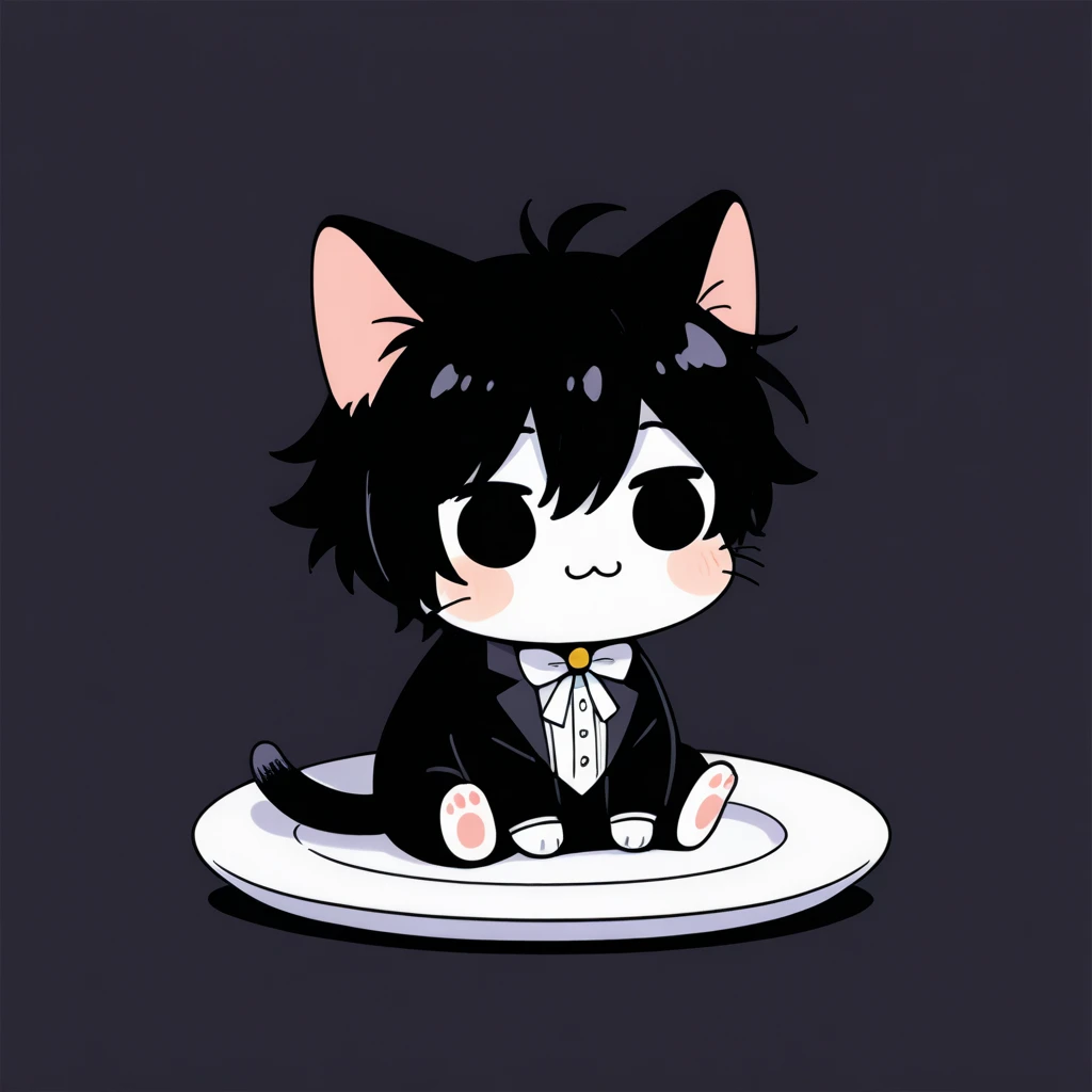 anime cat sitting on a black and white plate with a black background, anime cat, anime visual of a cute cat, sora as a cat, anime catboy, cute anime catboy, realistic anime cat, tuxedo cat, nekomimi, beautiful anime catboy, anthropomorphic male cat, very beautiful anime cat boy, catboy, cat furrydoro, creature, :3, chibino humans, white skin, solid circle eyes, no pupils, four legs