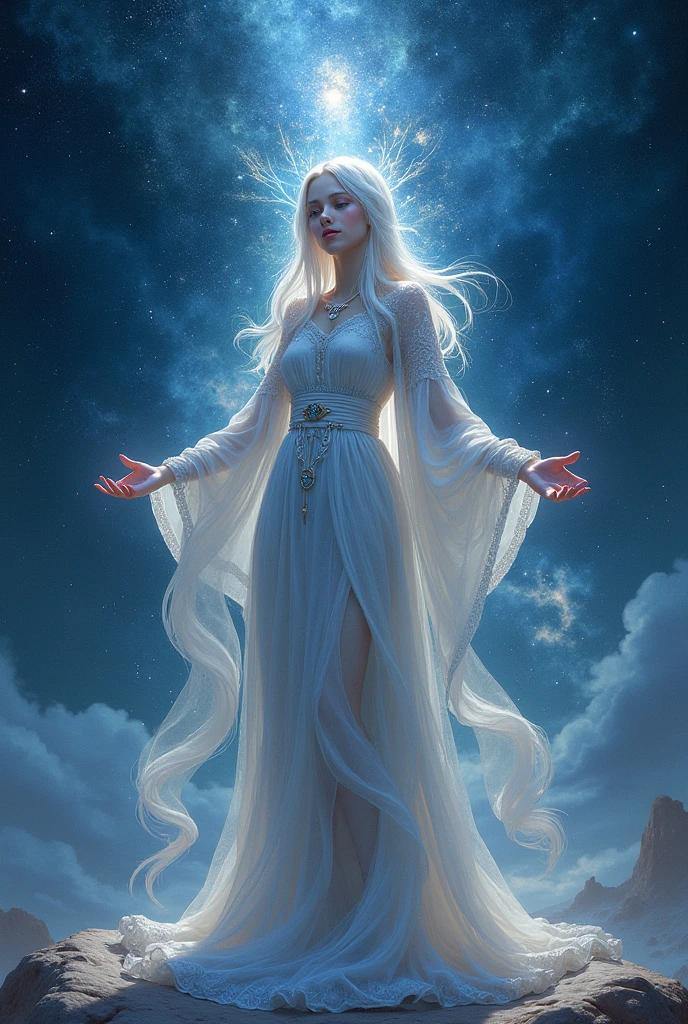 I wanted to create a beautiful Ananda message. Pure devine pale skin, blue wearing, 8K