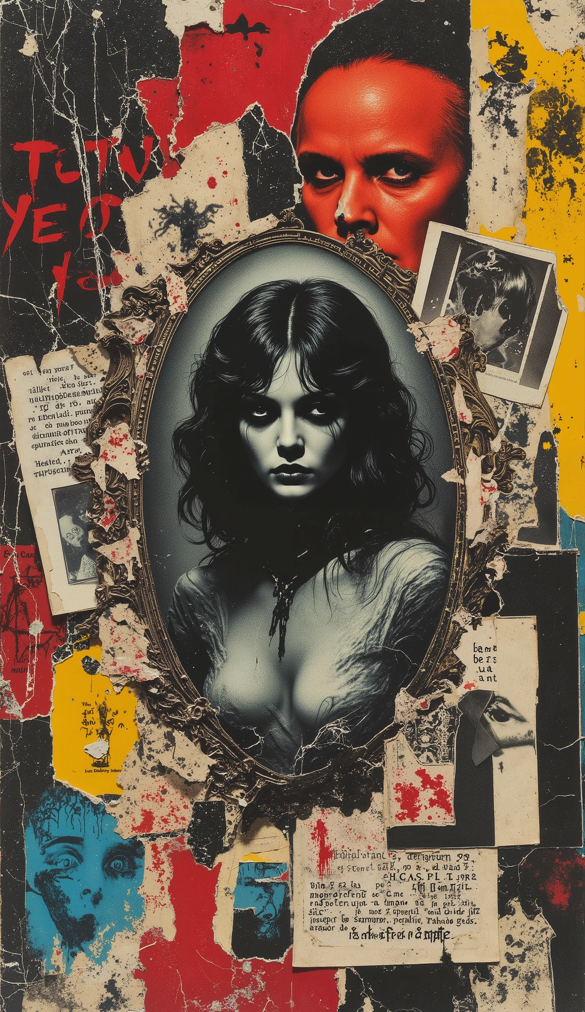 film(1929), directed by Luis Buñuel. Surreal retro collage artwork composed of cutouts from vintage horror magazines, chaotic and rebellious composition, torn paper textures, bold pop colors, absurd juxtapositions, sinister nostalgic aesthetic. Hidden within the vibrant scene is a strange woman in black and white — subtly integrated, fragmented and partially obscured, immovable in the midst of chaos. At first sight, imperceptible, but revealed upon closer inspection. It evokes mystery and contrast, combining nostalgia with silent rebellion and horror.