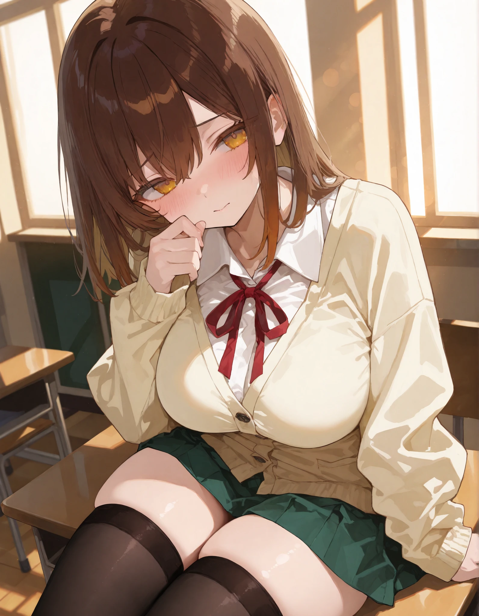 NSFW,masterpiece,Highest quality,High resolution,Very detailed,(A pair of men and women),Madoka Higuchi\(The Idolmaster Shiny Colors\),short hair、Brown Hair、Purple Eyes、hairpin,(uniform),Black hoodie、Collared shirt、Checkered Skirt,(pantyhose),School,classroom,blackboard,machine,Sitting in a chair,Cheek resting on hand