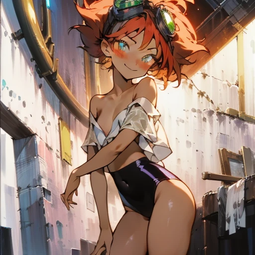 todler, a 4 year old girl, short light orange hair, beautiful orange eyes, smiling, ahegao expression, glasses, white panties, sitting, dark alley at night, pov view, 1girl, cute, adorable, dramatic shadows, moody atmosphere, neon signs