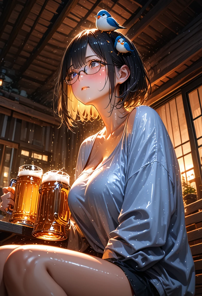 Highest quality,Highest Resolution,Beautiful girl in a gown bathrobe drinking beer from a mug with a smile,Bedroom,Night view outside the window,Big Breasts,Very beautiful eyes,Black hair ponytail,Standing posture,whole body,sweat profusely,