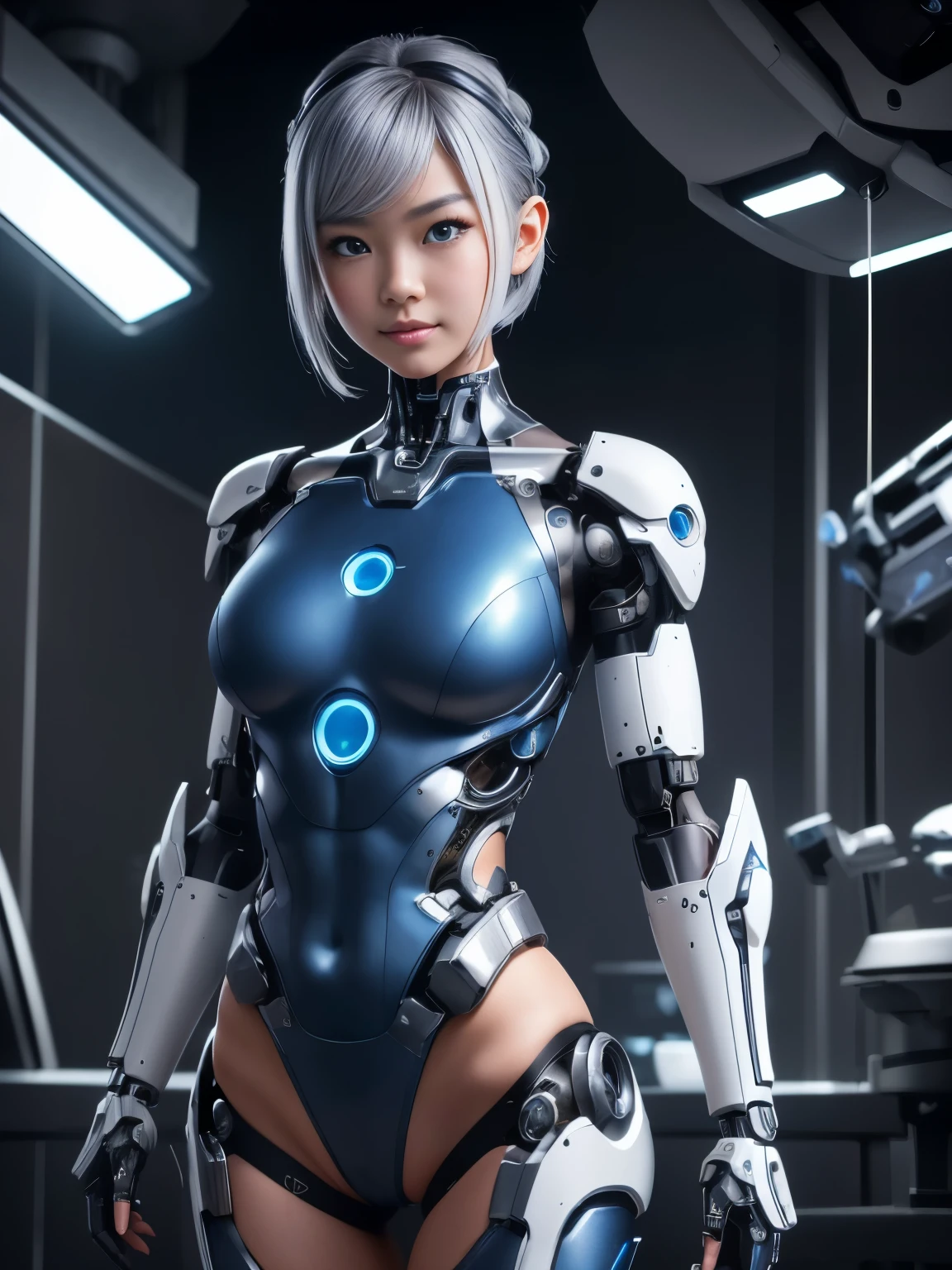 (Highest Quality, high resolution, masterpiece:1.2), Very detailed, realistic:1.37, (Completed), 1. Girl,cowboy shot tearing clothes and pants, cute and beautiful Japanese girl,super idol,, Slender Body,Standing Position ,( laugh out loud),(enchanting eyes),Super cute face,,,beautiful skin, Detailed Facial Features, Complex Hair, (Changed to a mechanical body cyborg,surgery to transform it into the body of a female cyborg with exposed mechanical parts、Blue and white leotard-shaped mechanical armor、The whole body below the neck has been precisely machined),(thick tube connected to main body that transforms into bionoids:1.2),( where detailed changes in cells in the body can be confirmed ), Attention to Outfit Details , Metal Necklaces ,futuristic hair accessories, Seductive Makeup,silver hair short,Moe pose,,Cyberpunk,cybernetic,(background is the interior of a bionoid transformation operating room..).