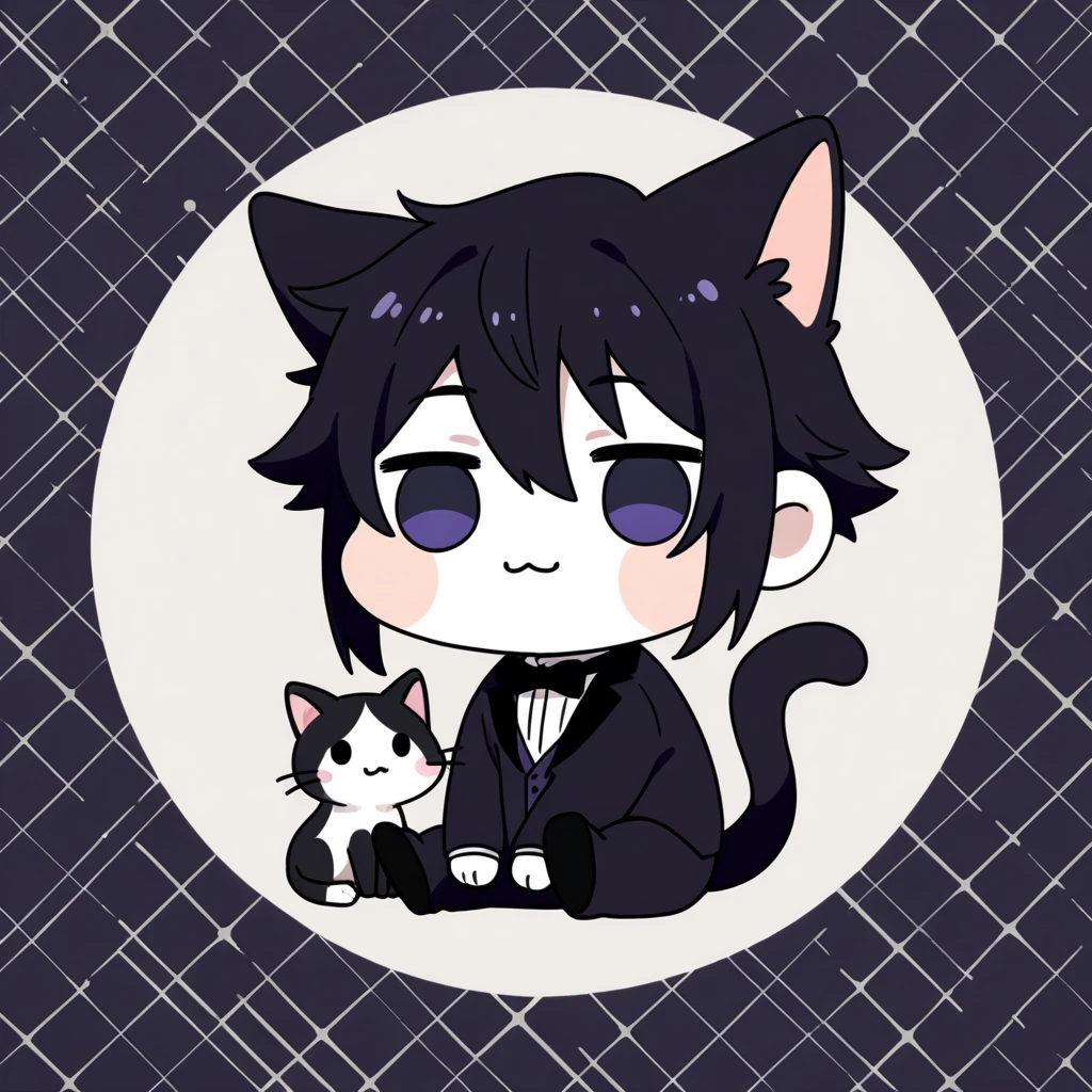 anime cat sitting on a black and white plate with a black background, anime cat, anime visual of a cute cat, sora as a cat, anime catboy, cute anime catboy, realistic anime cat, tuxedo cat, nekomimi, beautiful anime catboy, anthropomorphic male cat, very beautiful anime cat boy, catboy, cat furrydoro, creature, :3, chibino humans, white skin, solid circle eyes, no pupils, four legs