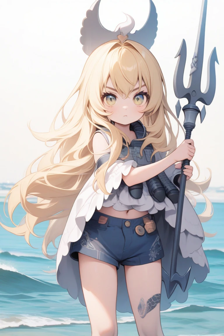 (masterpiece, best quality), 1girl, <lora:illyafinal:0.8> 1girl,long hair,solo,red eyes,ponytail,bare shoulders,hairband,navel,looking at viewer,small breasts,fur trim,collarbone,cosplay,blonde hair,skirt,very long hair,hair between eyes,strapless,smile,midriff,holding,blush,closed mouth,city background,holding weapon,barefoot,high ponytail,black hairband,huge weapon,wrist cuffs,bandeau,flat chest,floating hair,sky,full body,sidelocks,standing,cloud,waist cape