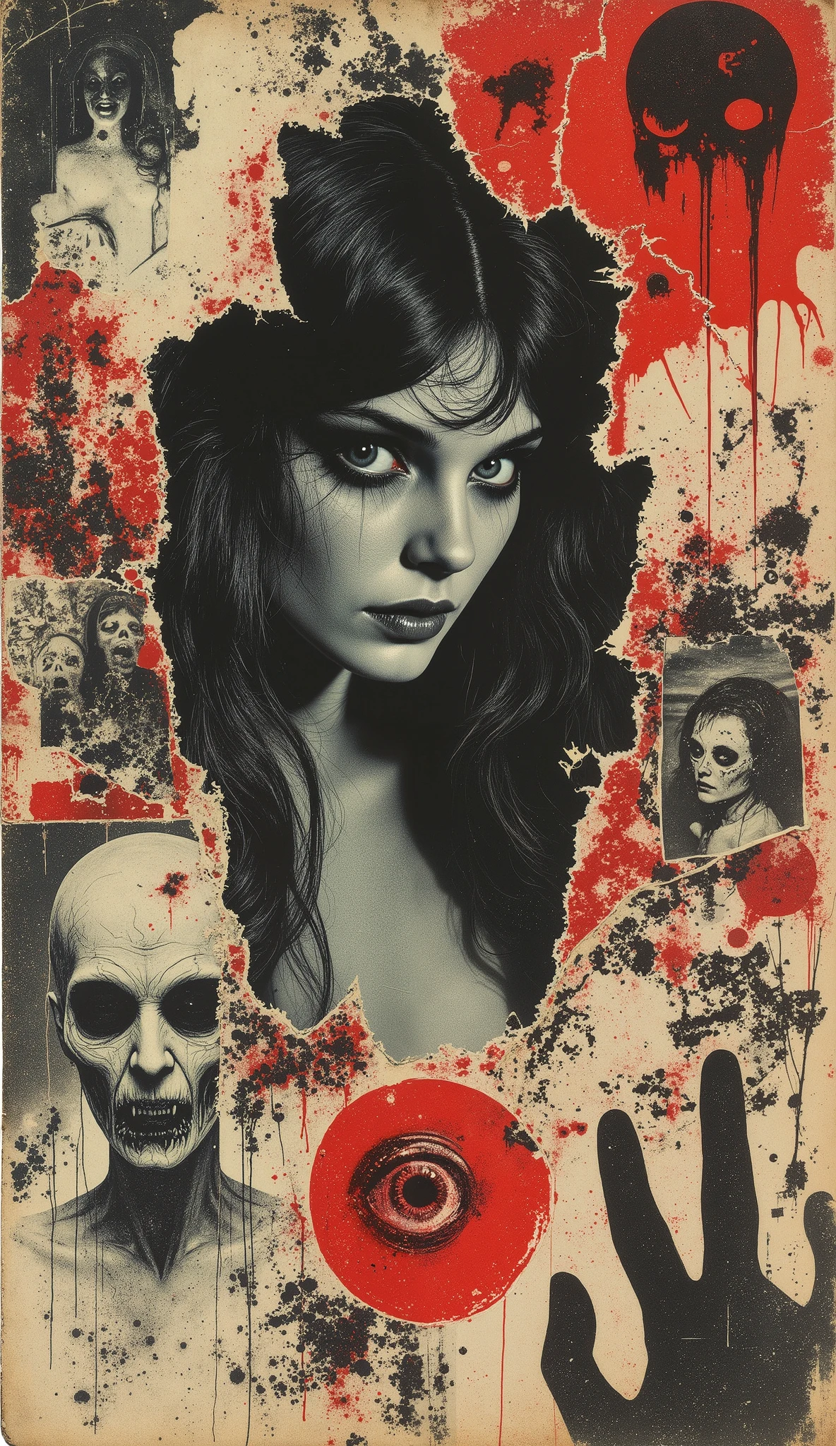 film(1929), directed by Luis Buñuel. Surreal retro collage artwork composed of cutouts from vintage horror magazines, chaotic and rebellious composition, torn paper textures, bold pop colors, absurd juxtapositions, sinister nostalgic aesthetic. Hidden within the vibrant scene is a strange woman in black and white — subtly integrated, fragmented and partially obscured, immovable in the midst of chaos. At first sight, imperceptible, but revealed upon closer inspection. It evokes mystery and contrast, combining nostalgia with silent rebellion and horror.