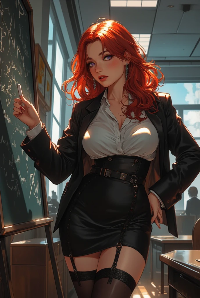 1girl, solo, super fine illustration, an extremely delicate and beautiful, best quality, masterpiece, 8K, extremely beautiful college student, vibrant hair, beautiful eyes, large breasts, curvy figure, anatomically perfect, beautiful detailed face, seductive angry expression, blushing cheeks, sexy outfit, slamming desk with both hands, looking down, lecture hall, view from below, cinematic angle, official art style, daring composition, sexy, flawless AI-assisted, world-class artwork