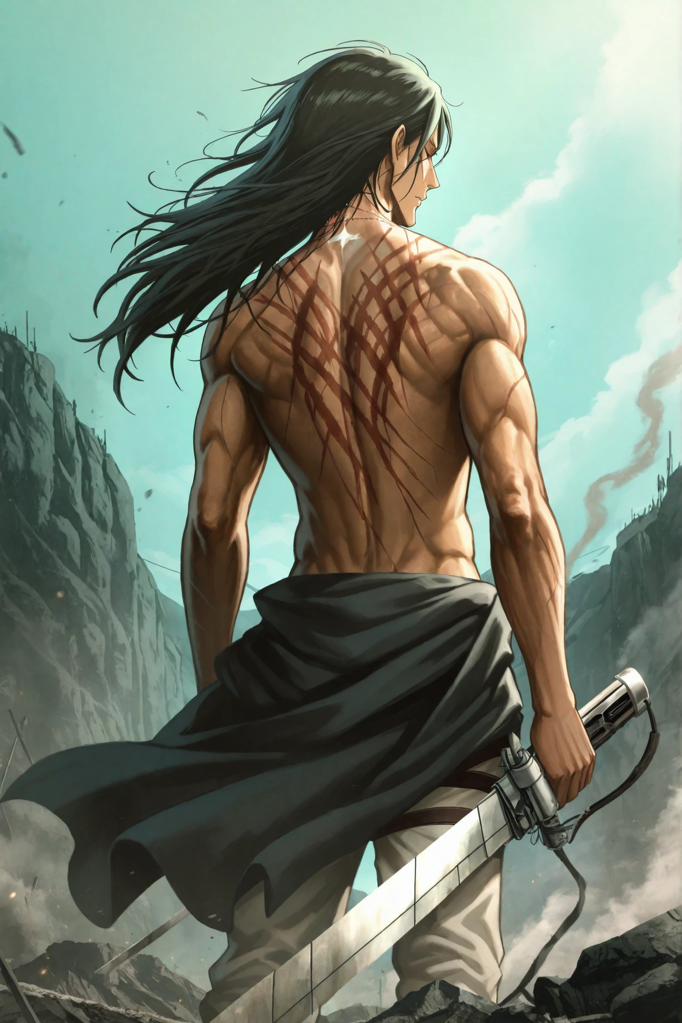 Eren Yeager, 19, from Shingeki no Kyojin His hair is very long Like after timescape, and he wears only pants and there is a sword mark on his
neck and his back is exposed, anime, mappa style, final season, the same as its shape in the anime episodes, He stands with his head to the sky, his eyes closed, his hair flying in the wind on a ground filled with ash. The sky is a dark green, and smoke fills the place. anime, 4k, art, ai,