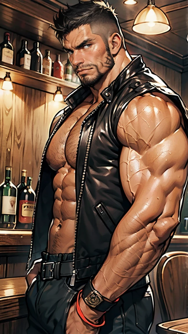 (Original art:1.2),(linear art:1.33), 1950s lubricants, Handsome chisel facial features, (70s mustache), (Bare upper body:1.5), (Ultra-defining art), Hero angle, Cartoon, Dramatic lighting, side-lighting,Complex lighting,(rich and vivid colors),Shadow texture,(finedetail:1.2),absurderes,Mono Color,ultradetailed, 40-year-old mature muscular man of Italian descent,short detailed hair,musculous,rich body hair,Huge crotch bulge,shorter pants, (Unobstructed thigh toes), (Lie on the pool table), Full body photo,in a panoramic view,tmasterpiece