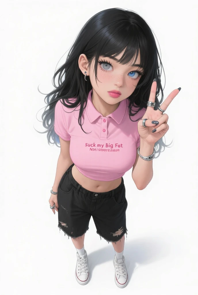 1 female child, no breasts, tiny waist, medium butt, wearing tight t-shirt saying daddy, midriff showing , wearing just cute panties , black hair, long hair, straight hair, exposed forehead, light purple eyes, wearing no shoes , multiple ear piercings, nipple piercing, earrings, tongue piercing, belly button piercing, heavy eyeliner smudged from crying, black lipstick, luscious eyelashes, long eyelashes, holding cigarette, penis in mouth