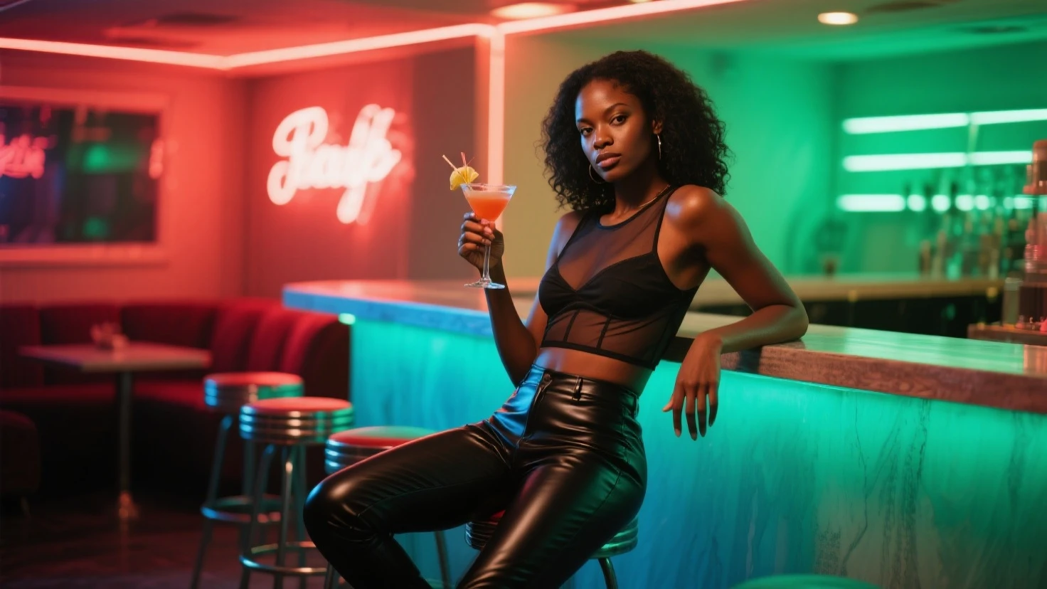 create a futuristic Jazz Bar with robot bartender and a jazz band on stage in the background. Style is photorealistic. Girl sitting at a table with sun glasses on with a futuristic drink on the table