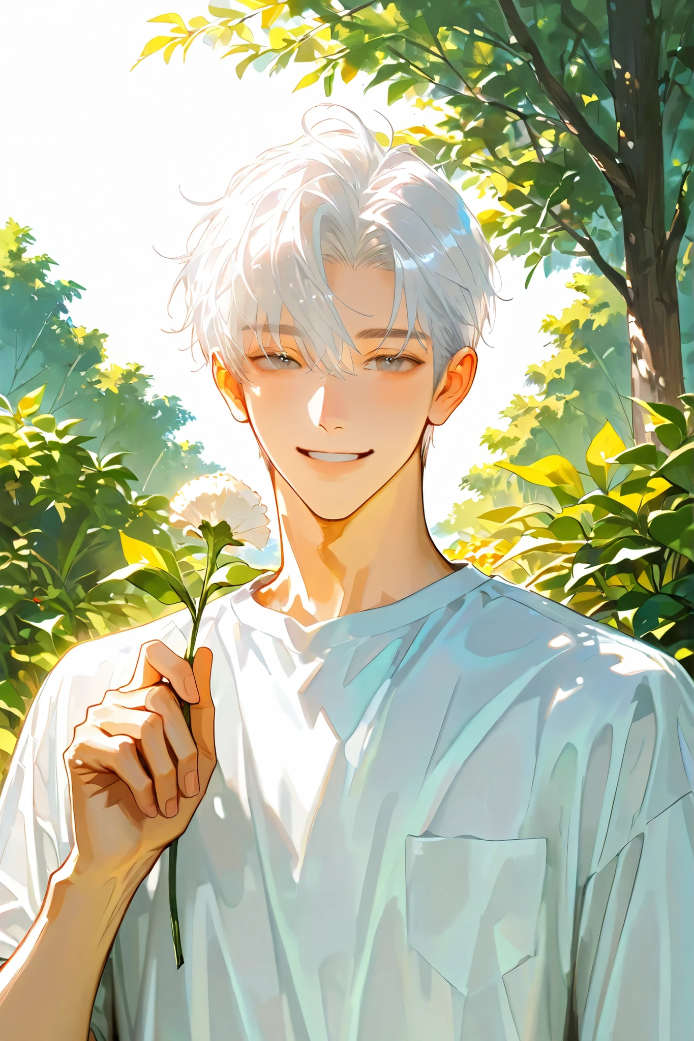 boy,line shirt, Handsome, white hair, 1 person, garden,Smile lightly,Bangs,Sunlight,holding a flower, nice face ,short hair