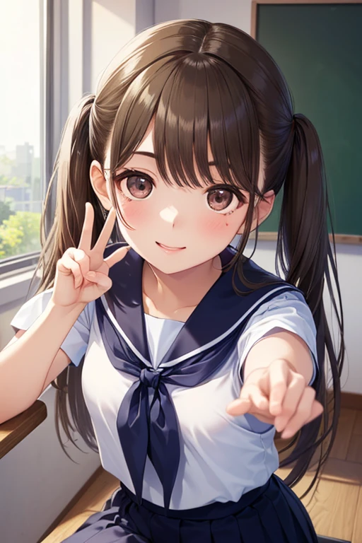(Highest quality,masterpiece:1.3,Ultra-high resolution),(Very detailed、Caustics) (Realistic:1.4, RAW shooting、)Ultra-Realistic Capture、Very detailed、Natural skin texture、masterpiece、(junior high school sailor suit:1.3)、Short-sleeved sailor uniform、One of the Japan、Adorable expression、Expressions of happiness、、Young Face、Amazingly cute、Twin tails、Curly Hair、Black Hair、Scrunchie、light makeup、Breasts so big that they almost burst、Bare arms、This photo was taken in a middle school classroom...、Shining thighs、Shooting from the side、smile、An inviting gaze、The exact number of fingers on each hand、Handjob、penis、