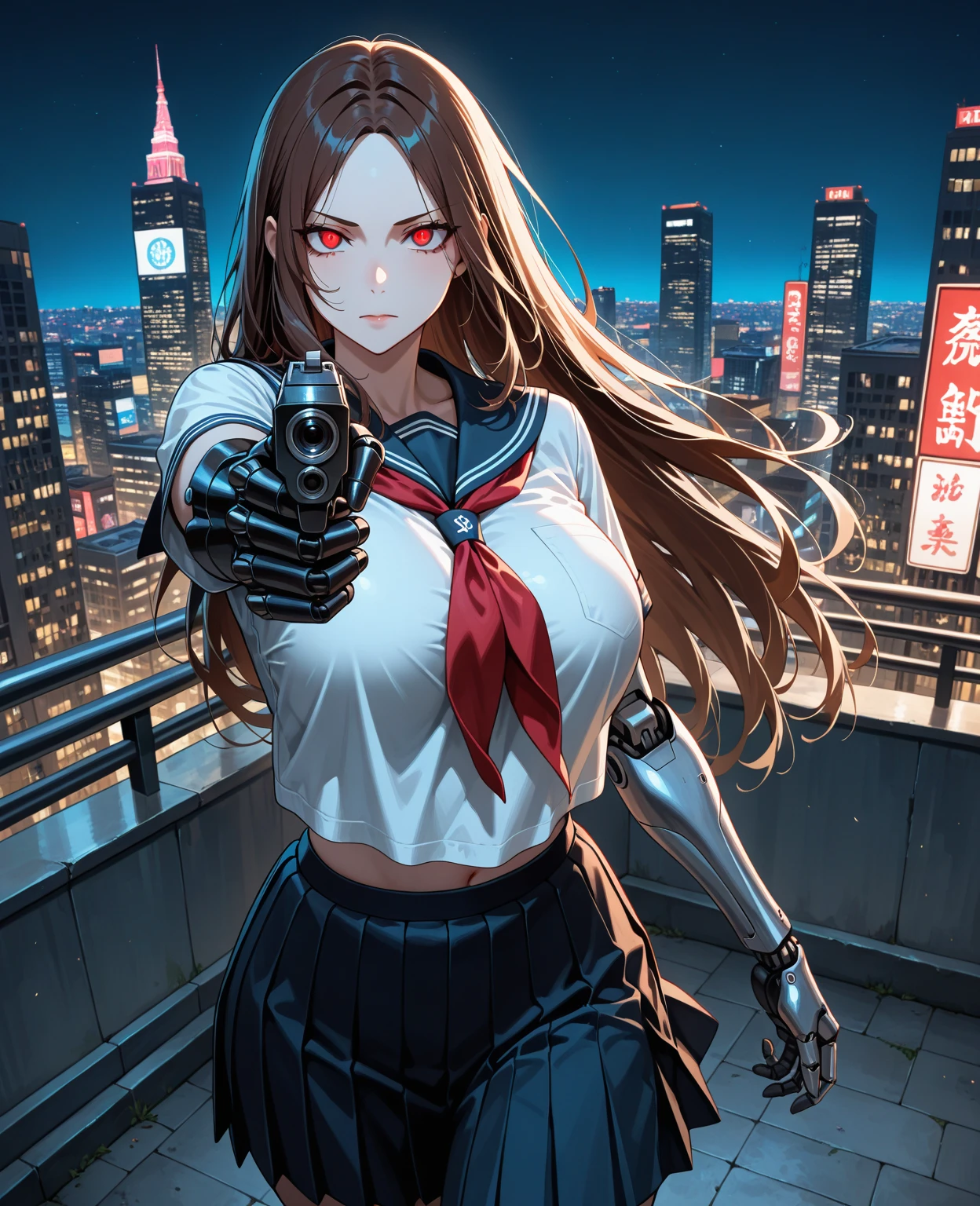 1girl, full body, solo, summer, village, trees, sun, clouds, ((brown hair)), ponytail, large breasts, ((black blazer)), button down shirt, ((white shirt)), ((unbuttoned shirt)), unbuttoning buttons, brown eyes, skirt, smile, looking at the viewer, standing, hair ribbon, golden necklate, shoulder bag