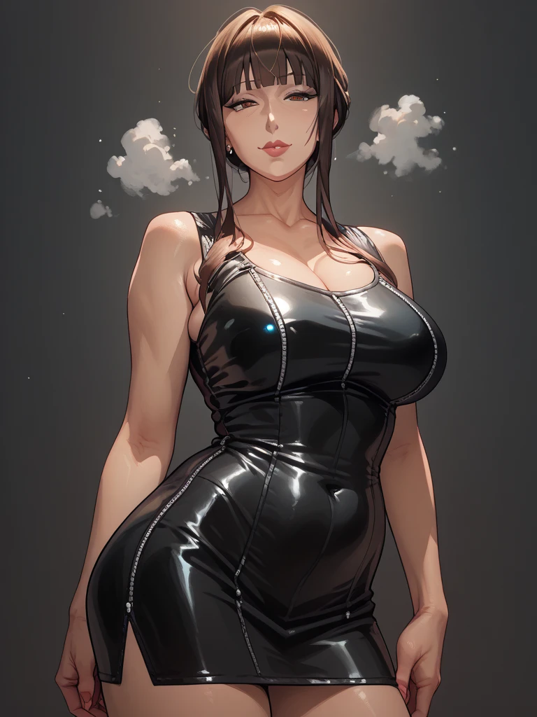 Best quality, solo mature woman, giant ass, very curvy, messy jet black hair, sea green eyes, full lips, seductive, half lidded eyes, tight dress, thick thighs, curvy physique, she's leaning against the wall, innocent look on her face, scared look on her face