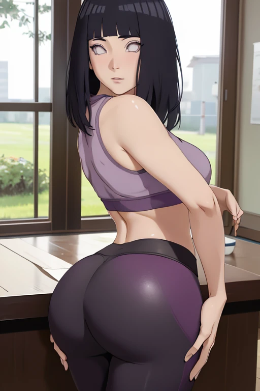 (masterpiece, best quality), high quality, absurdres, highres, ultra detailed, intricate, beautiful woman, 1girl, looking at viewer, from behind, looking back, ass, toned, sports bra, leggings, high-waist pants, yoga pants, black hair, yellow eyes, sunglasses, hair between eyes, eyewear on head, outdoors, science fiction, city, erisa